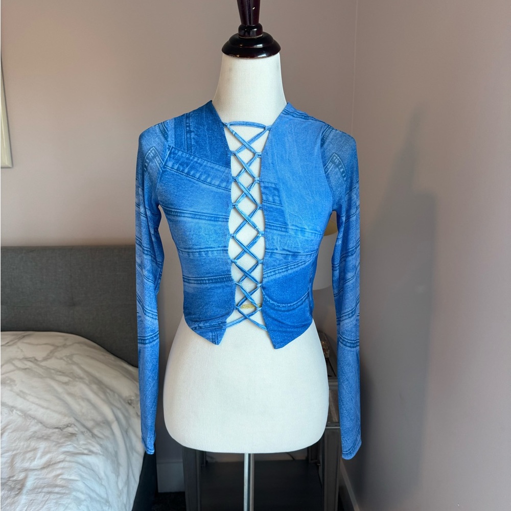 AFRM Aida Long Sleeve Denim Print Mesh Lace Up Top BNWOT